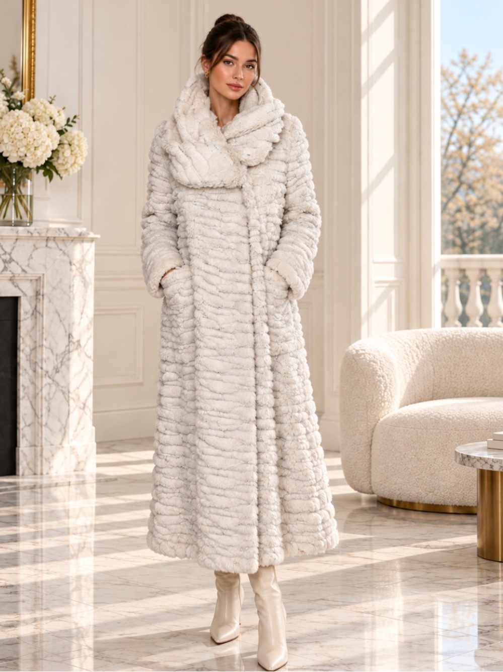 Gorgeous Vintage Simon Chang Ivory Long High Mock Neck Teddy Coat❤️Luxury 6